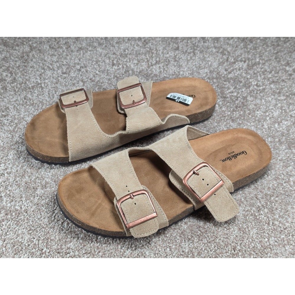 Goodfellow & Co Mens Suede Two-Band Slide Sandals Tan Buckle Cork Size 10